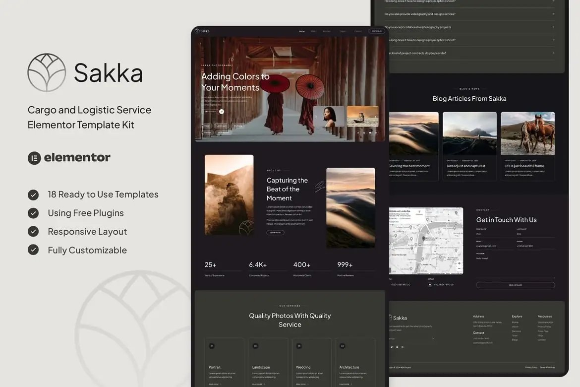 Sakka - Kit de Plantillas Elementor para Servicio Fotográfico y Porfolio