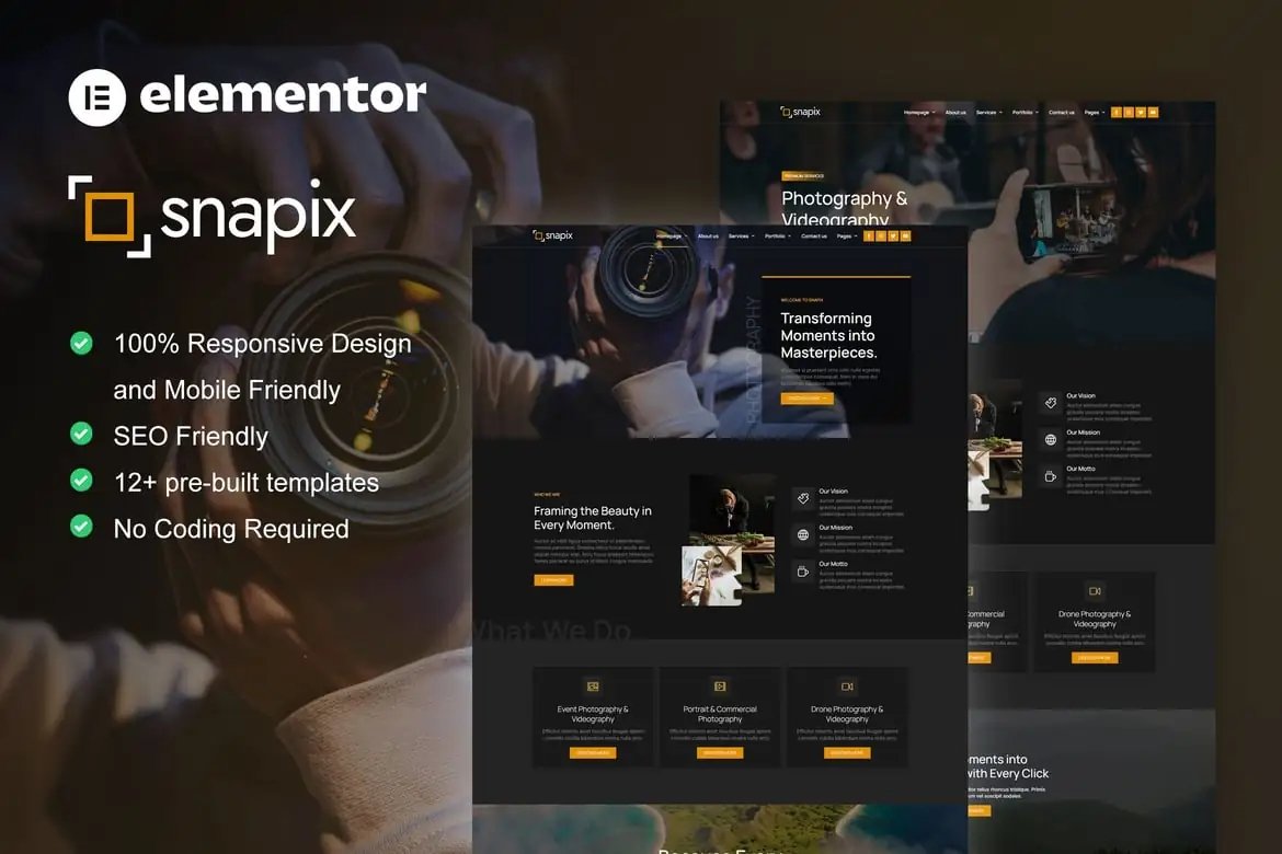 Snapix - Kit de plantillas Elementor para servicios de fotografía y videografía