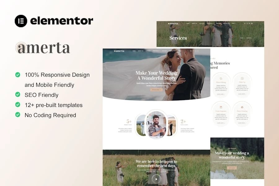 Amerta - Template Kit Elementor para servicio de fotografía de bodas