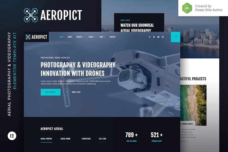 Aeropict Kit de plantillas Elementor para fotografía aérea y videografía con drones