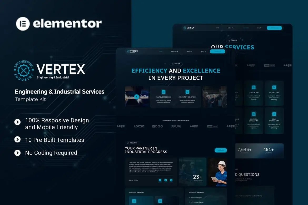 Vertex - Kit de plantillas Elementor para servicios industriales y de ingeniería