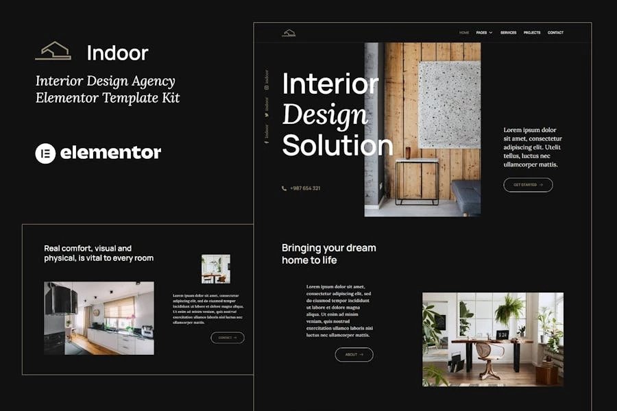 Template Kit Elementor para agencia de diseño y arquitectura de interiores oscuros para interiores