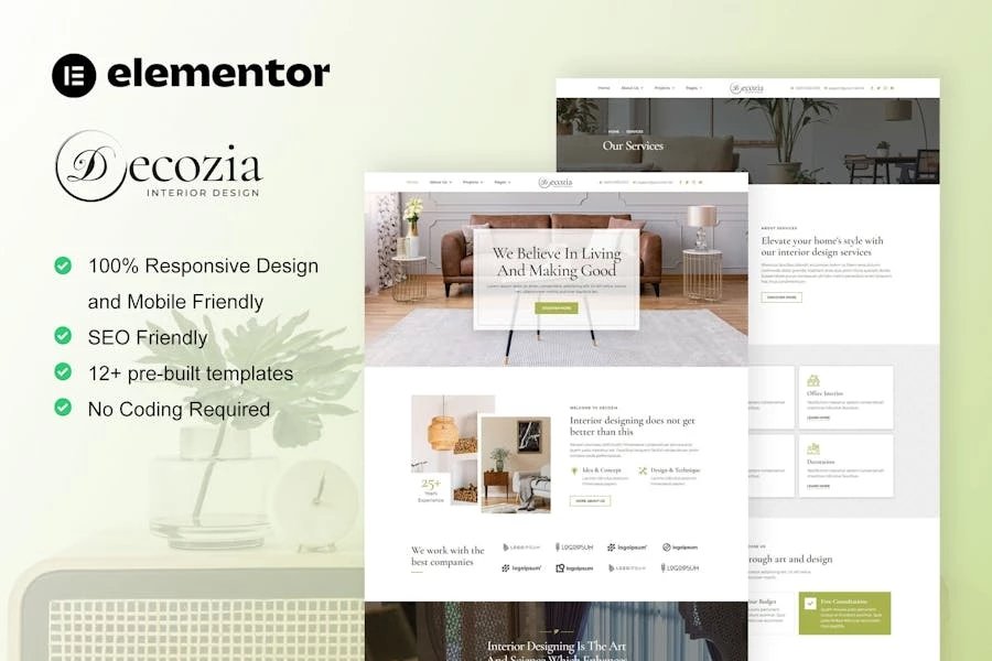 Decozia - Template Kit Elementor para servicios de diseño de interiores