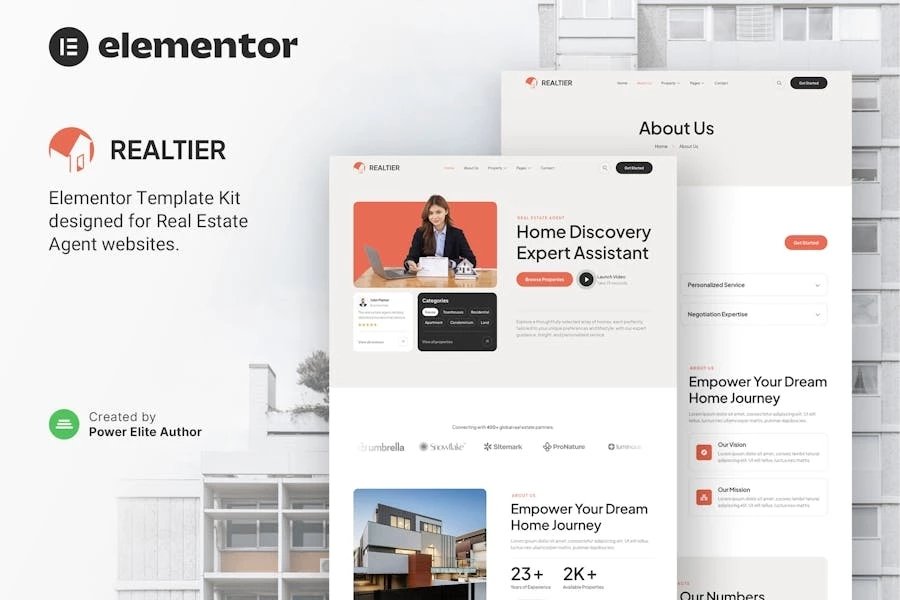 Realtier Kit de plantillas Elementor para agentes inmobiliarios y inmobiliarios