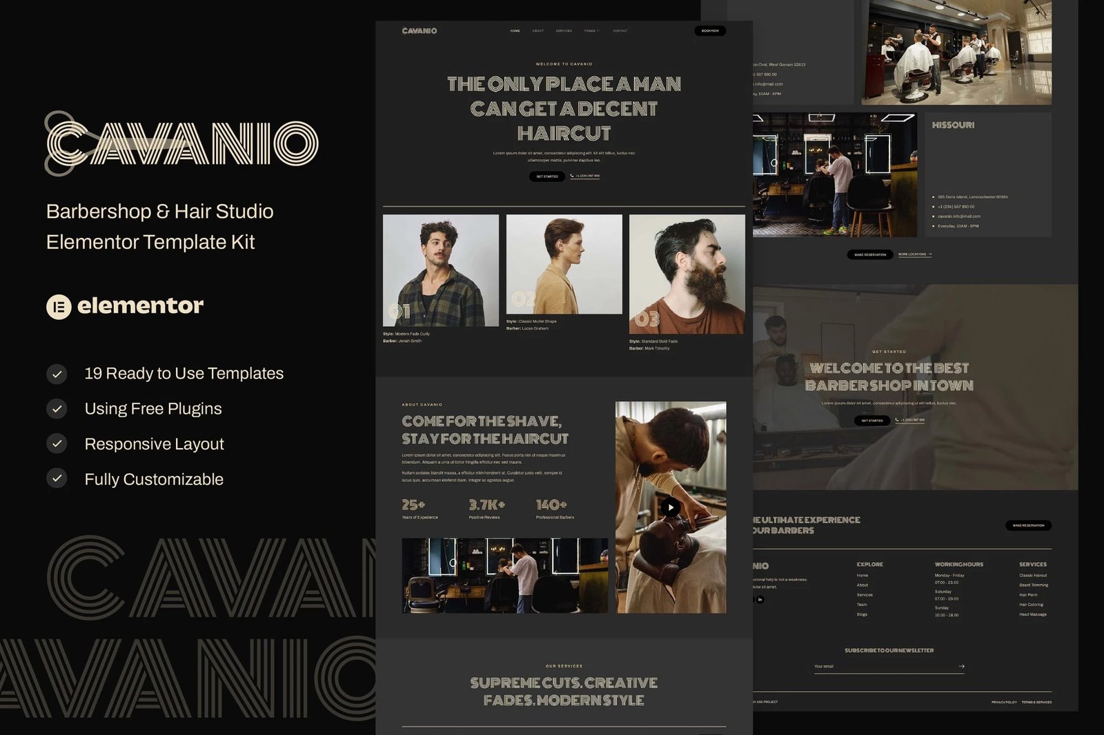 Cavanio - Kit de plantillas Elementor para barbería y peluquería