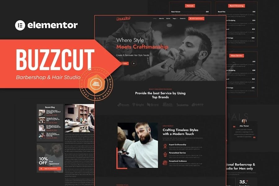 Buzzcut - Kit de plantillas Elementor Pro para barbería y peluquería