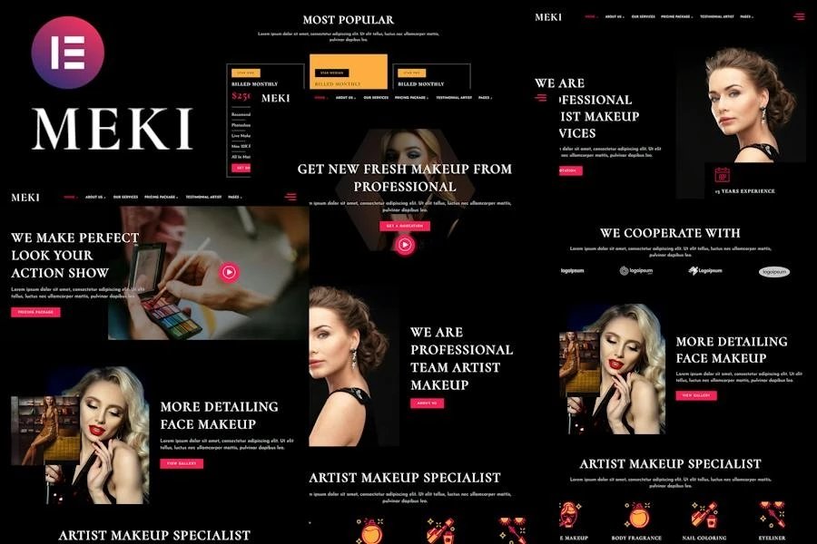 Meki - Template Kit Elementor para servicios empresariales de maquillaje de artistas