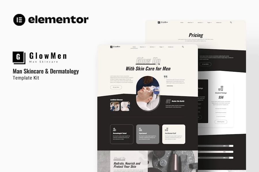 Glowmen - Template Kit Elementor para cuidado de la piel y dermatología para hombres
