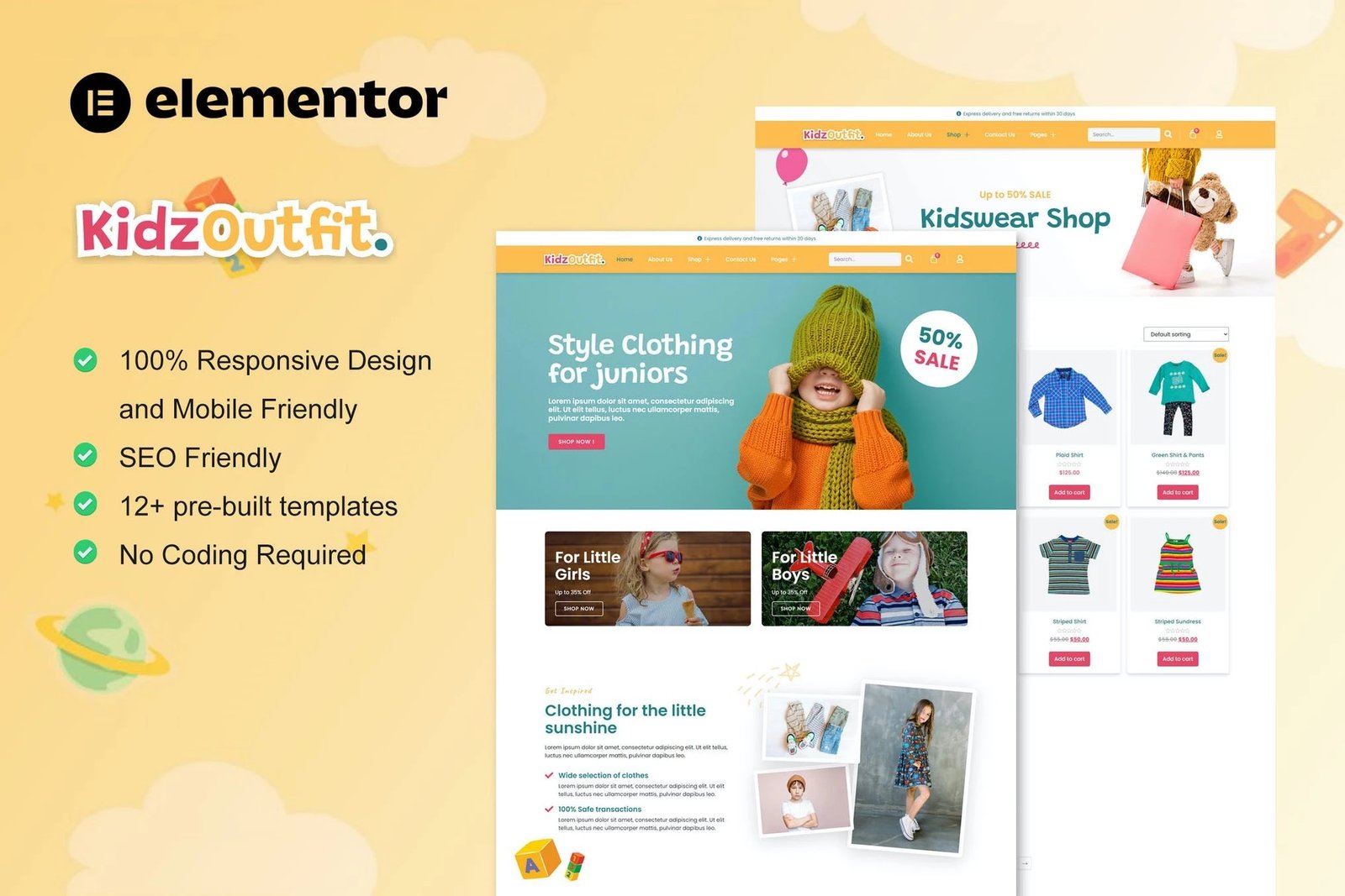 KidzOutfit - Template Kit Elementor para tienda de moda infantil de WooCommerce