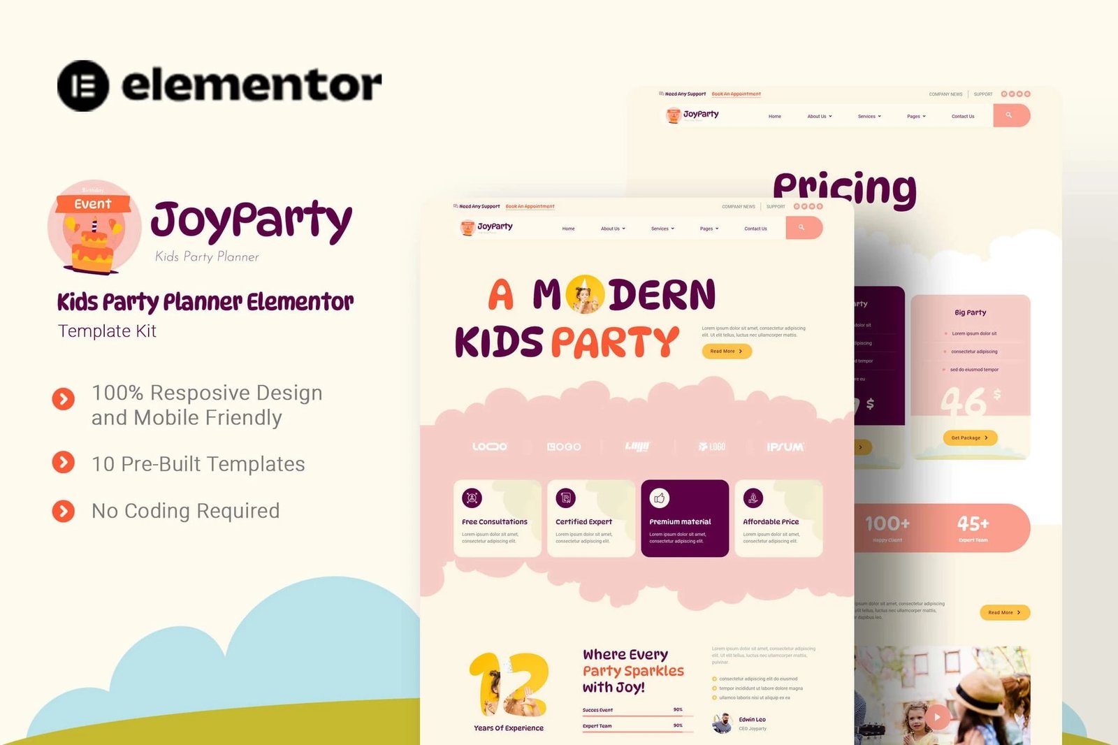 JoyParty - Kit de plantillas Elementor para planificador de fiestas para niños