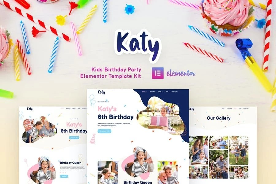 Katy - Planificador de fiesta de cumpleaños para niños y Template Kit de invitación Elementor