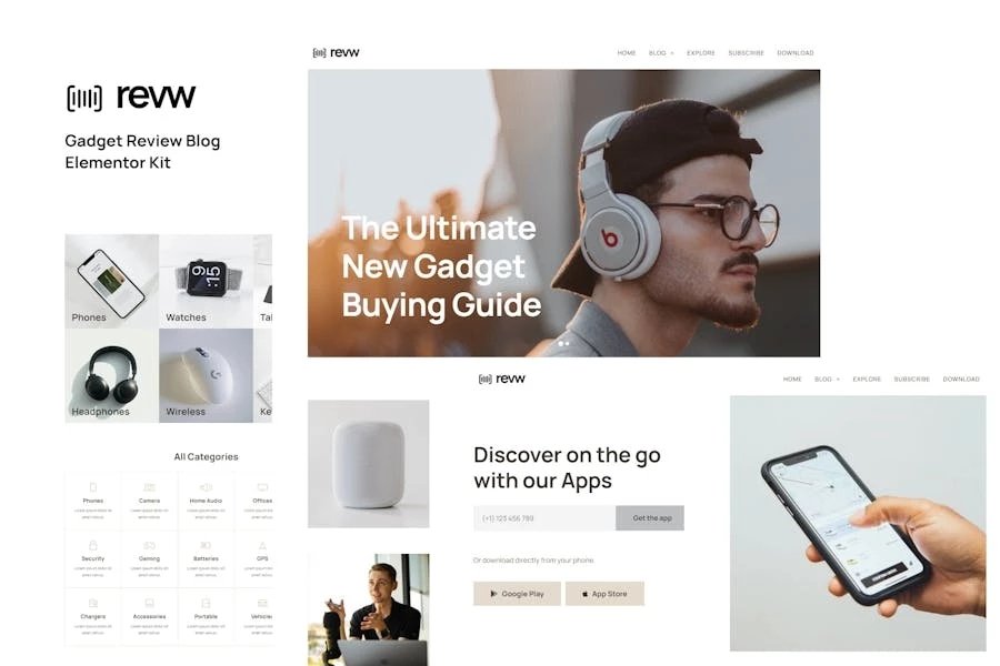 Revw - Template Kit Elementor para blog de revisión de gadgets