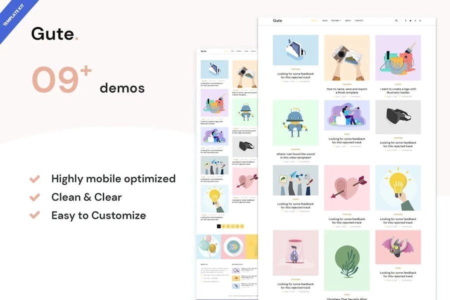 Gute - Template Kit minimalistas para blogs Elementor