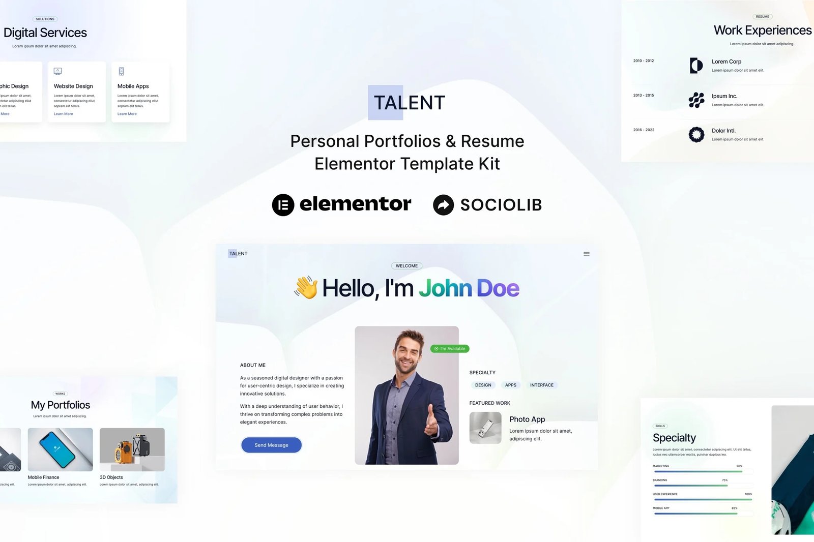 Talent - Kit de plantillas Elementor para portafolios personales y currículums