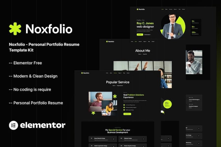 Noxfolio - Kit de plantillas Elementor para currículum vitae para portafolio personal