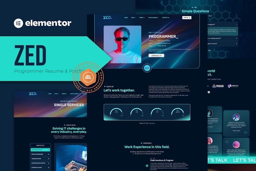 Zed - Kit de plantillas Elementor para currículum y portafolio de programador