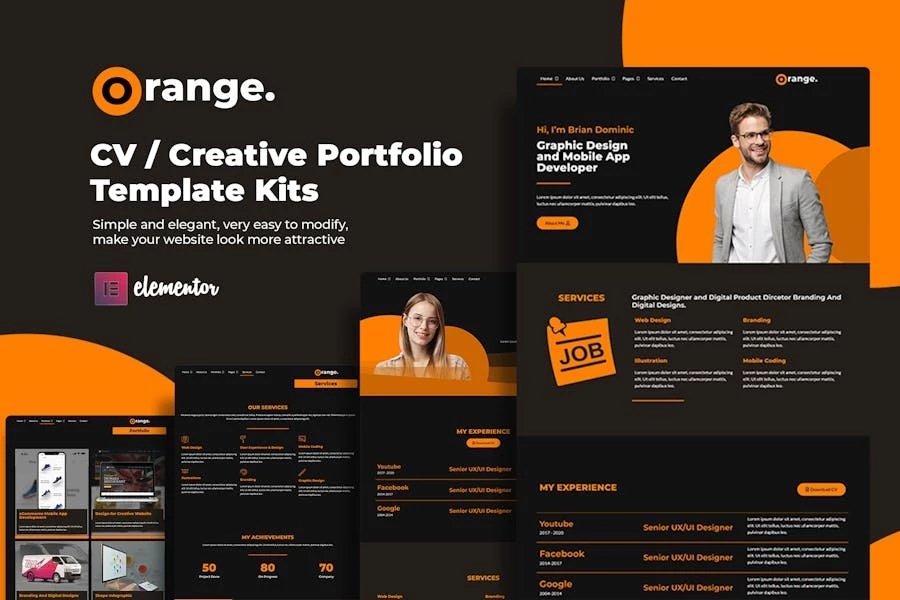 Kits de plantillas de Elementor para currículum vitae y Porfolio Creativo de Orange