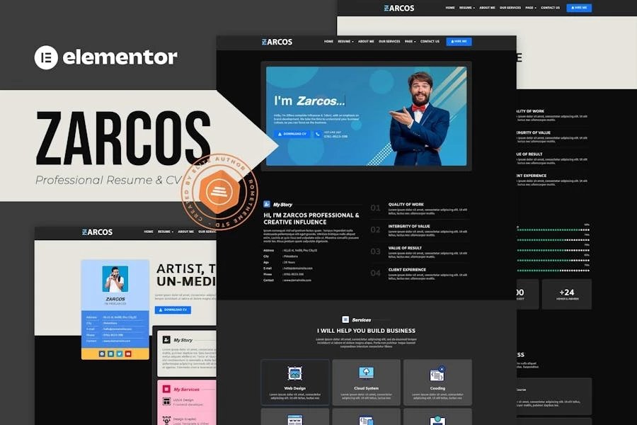 Zarcos - Kit de plantillas Elementor para currículum vitae y CV profesionales