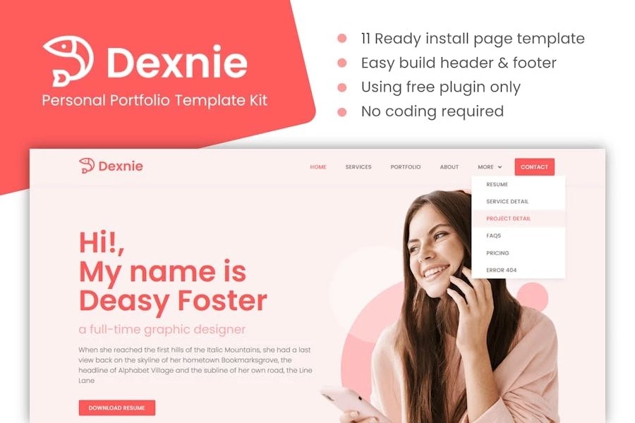 Dexnie - Kit de plantillas Elementor para porfolio personal
