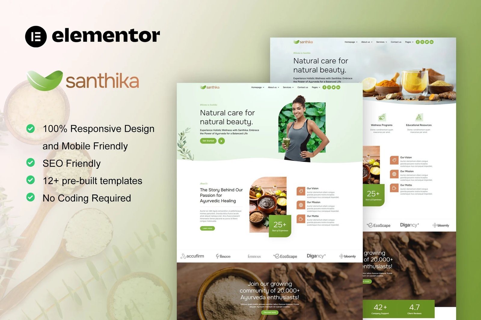 Santhika - Kit de plantillas Elementor para ayurveda y cuidado de belleza natural