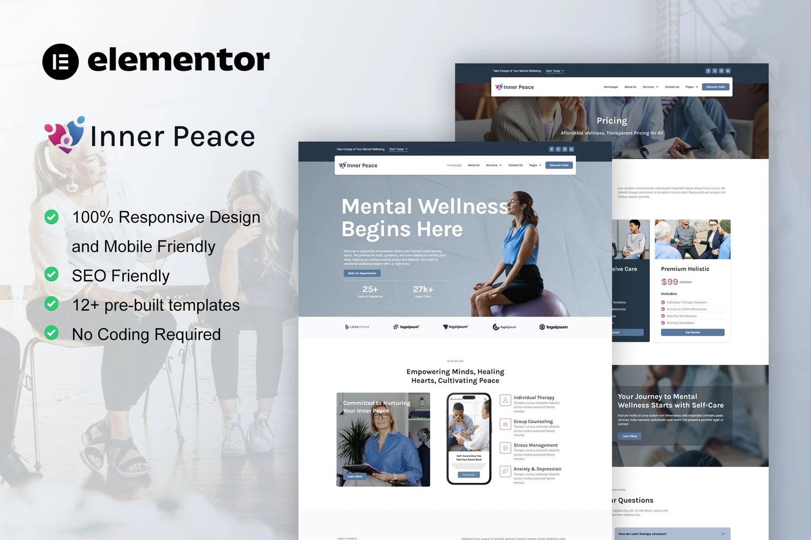 InnerPeace - Kit de plantillas Elementor para el cuidado de la salud mental
