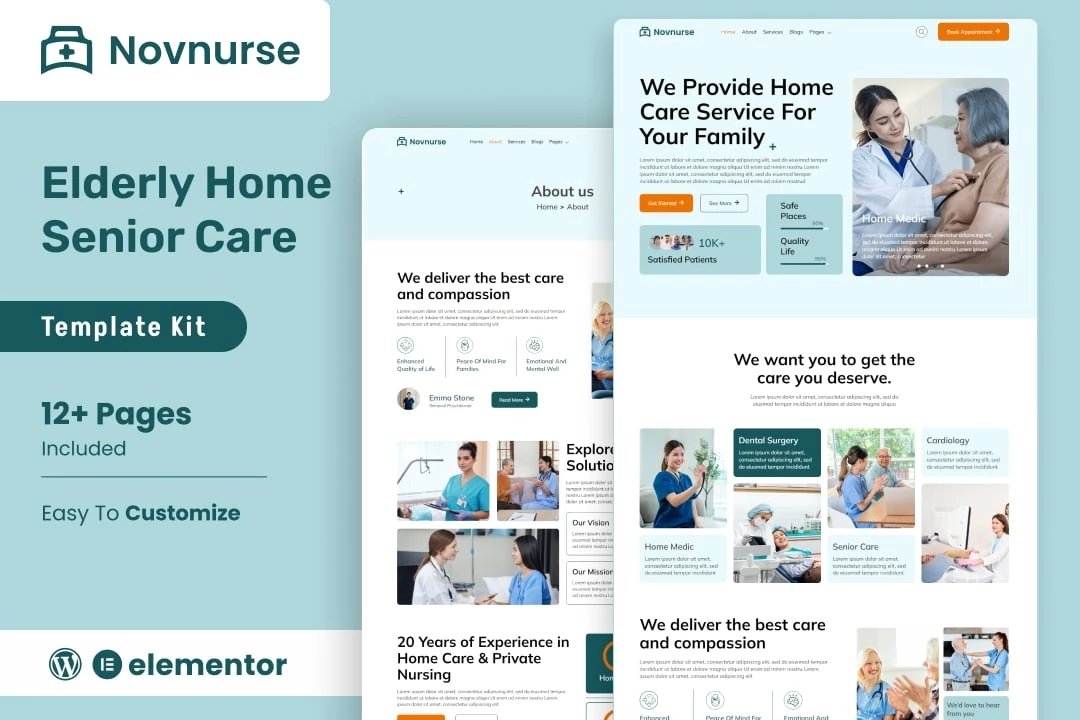 Novnurse - Kit de plantillas Elementor para servicios de cuidado de personas mayores y mayores