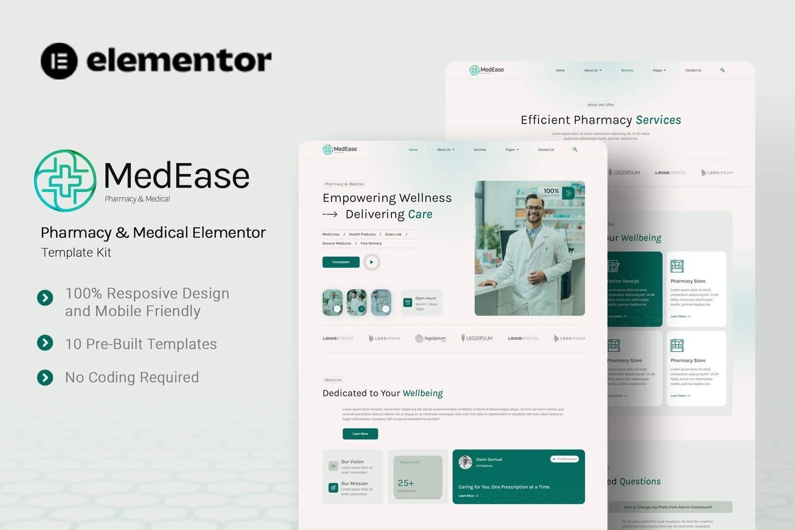 MedEase - Kit de plantillas Elementor para farmacia y medicina