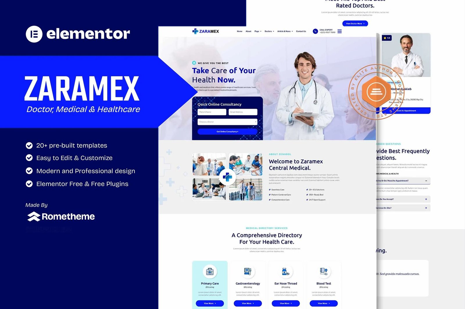 Zaramex - Kit de plantillas Elementor para médicos, médicos y sanitarios