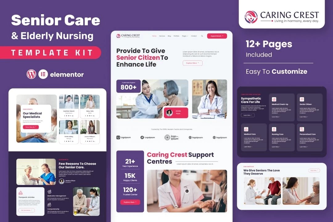 Caring Crest - Kit de plantillas Elementor para servicios de cuidado de personas mayores