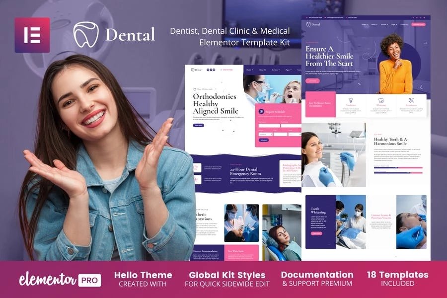 Kit de plantillas Elementor Pro para odontología, clínica dental y medicina