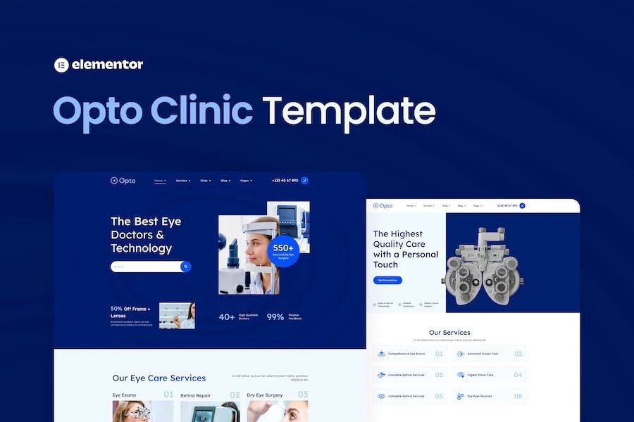 Opto Template Kit Elementor Pro para centros de cuidado de ojos