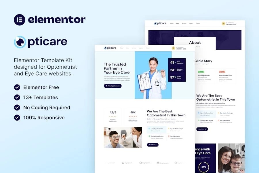 Opticare Template Kit Elementor para optometristas y profesionales del cuidado de los ojos