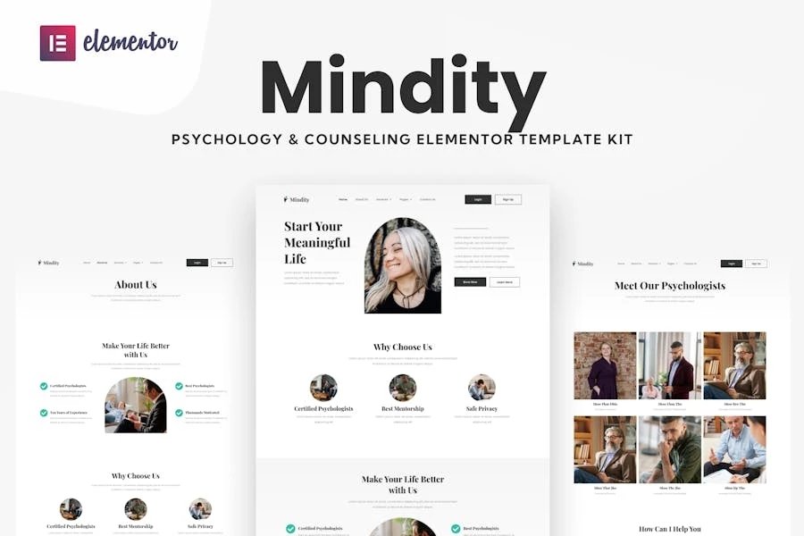 Mindity - Kit de plantillas Elementor para psicólogos terapeutas
