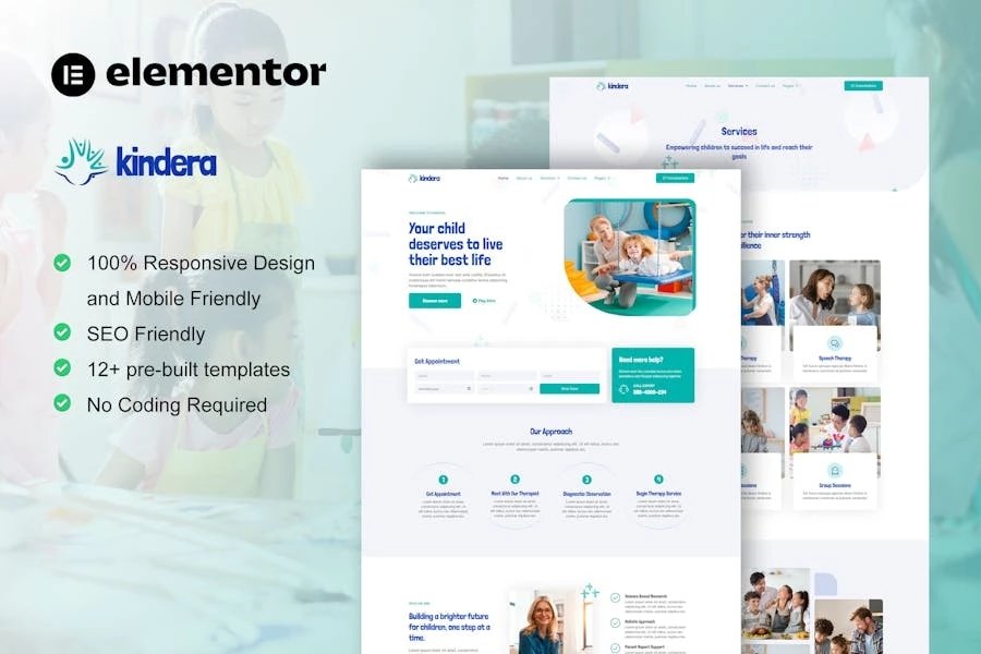 Kindera - Template Kit Elementor para servicios de terapeutas y psicólogos infantiles