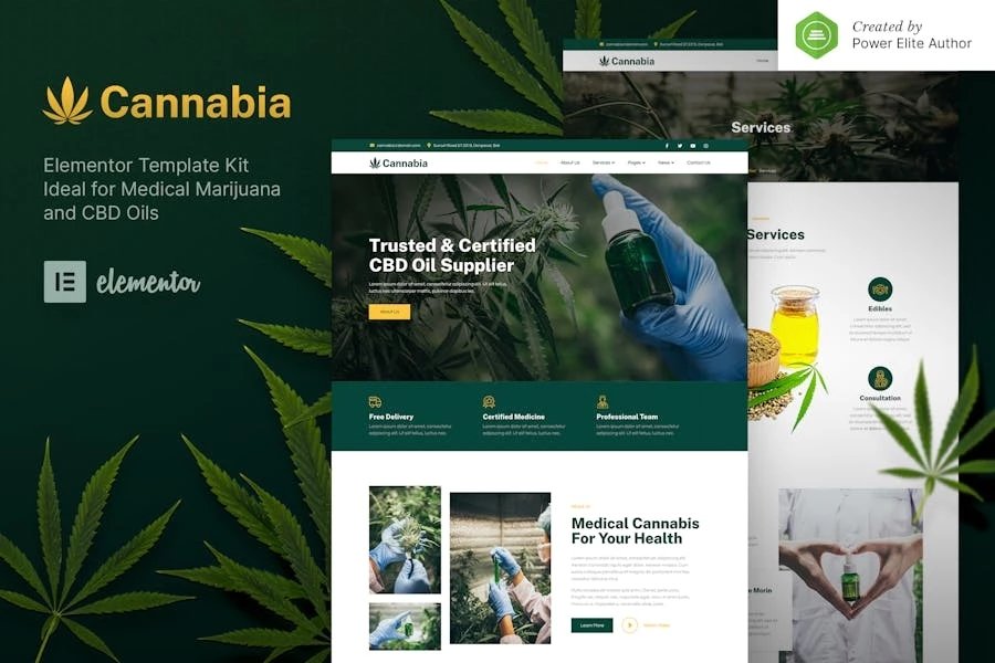 Cannabia Kit de plantillas Elementor de marihuana medicinal y aceite de CBD