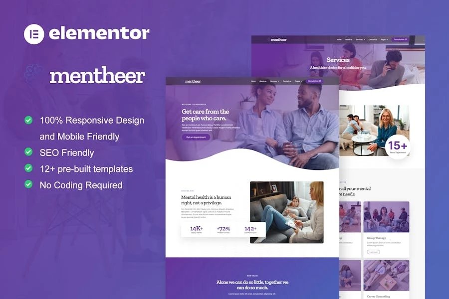 Mentheer - Template Kit Elementor Pro para terapia de salud mental