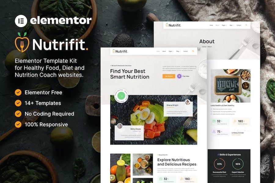 Nutrifit Template Kit Elementor para un entrenador de alimentación y nutrición saludable