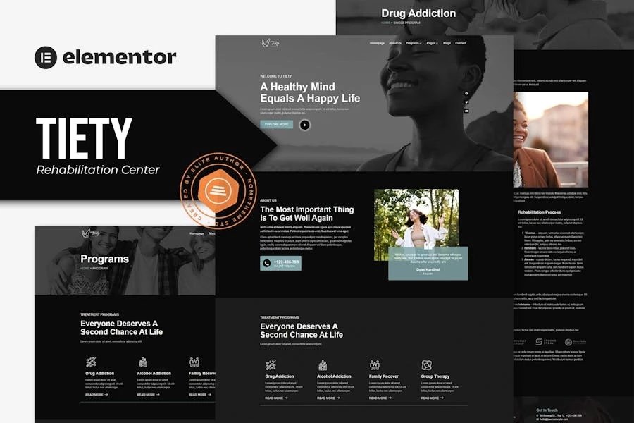 Tiety - Template Kit Elementor para centros de recuperación y rehabilitación de adicciones