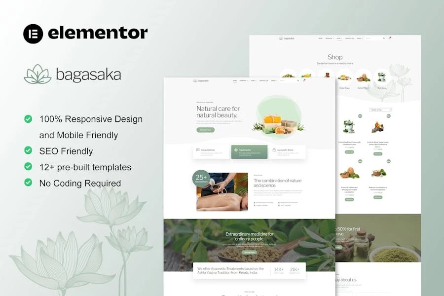 Bagasaka - Template Kit Elementor Pro para tratamiento ayurvédico y tienda WooCommerce
