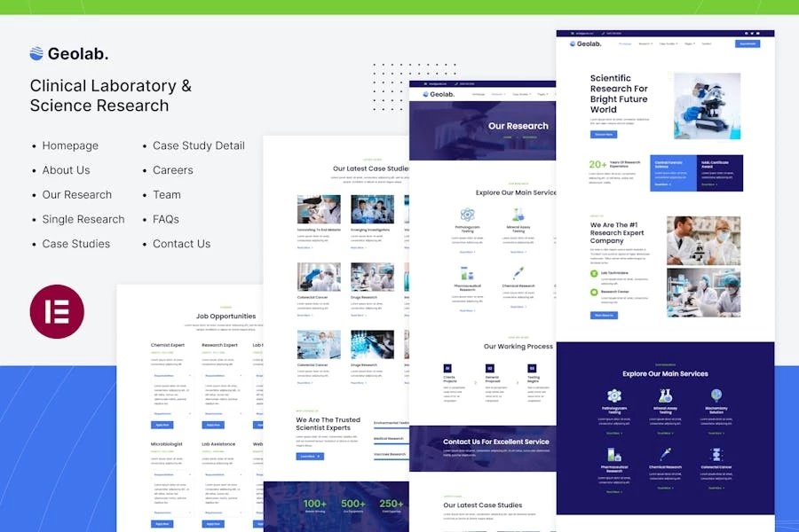 Geolab Template Kit Elementor de laboratorio clínico e investigación científica