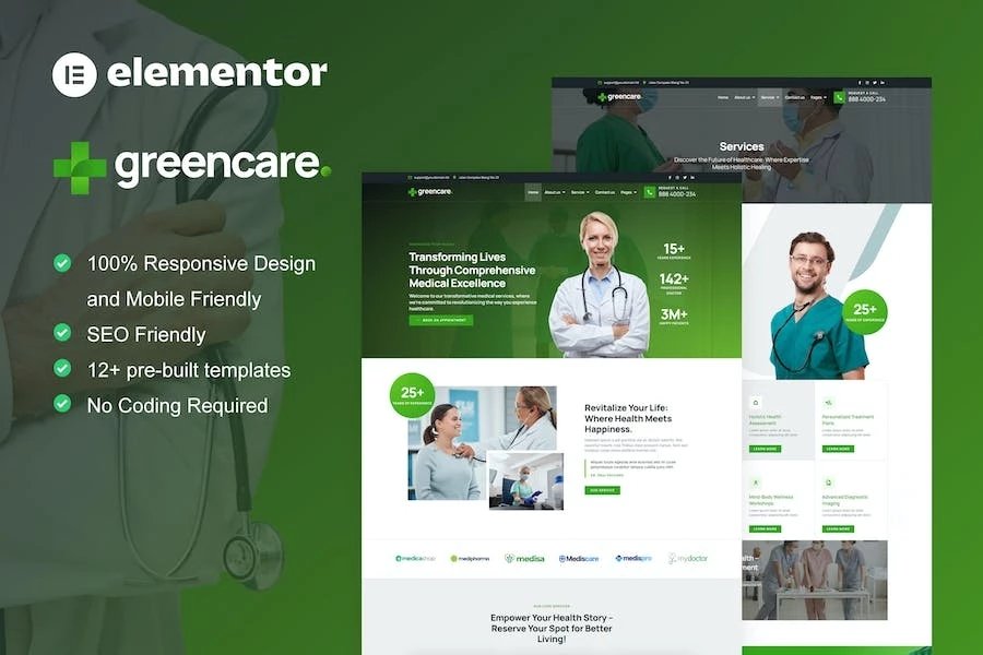 GreenCare - Kit de plantillas Elementor Pro para servicios médicos