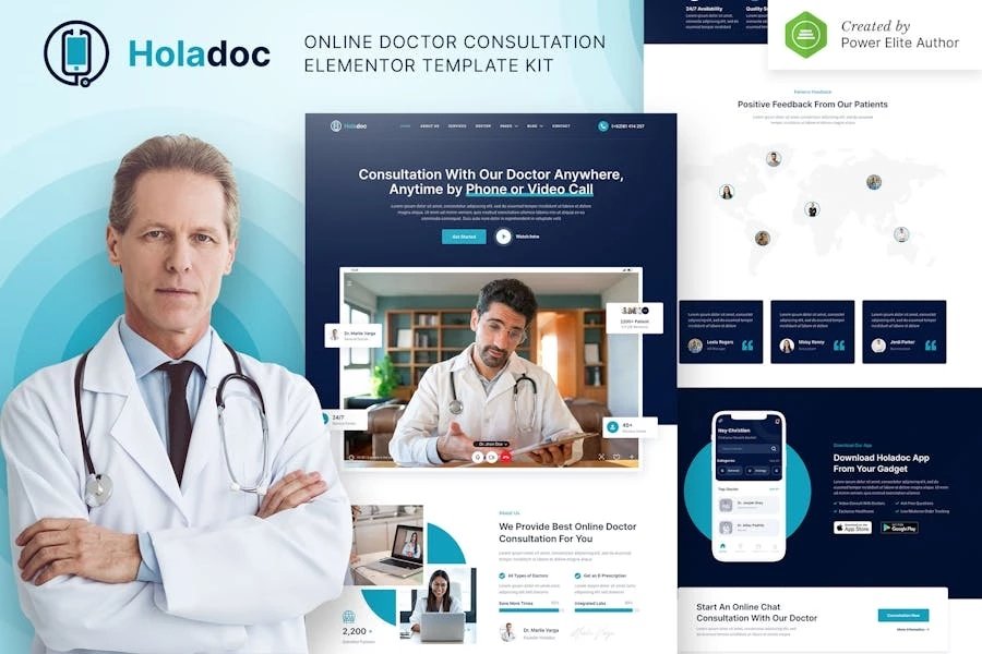 Holadoc Kit de plantillas Elementor para consultas médicas en línea