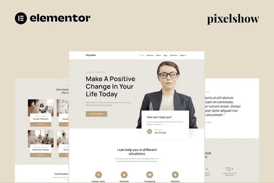 Psycoach - Kit de sitio completo de Life Coach y psicólogo Elementor Pro
