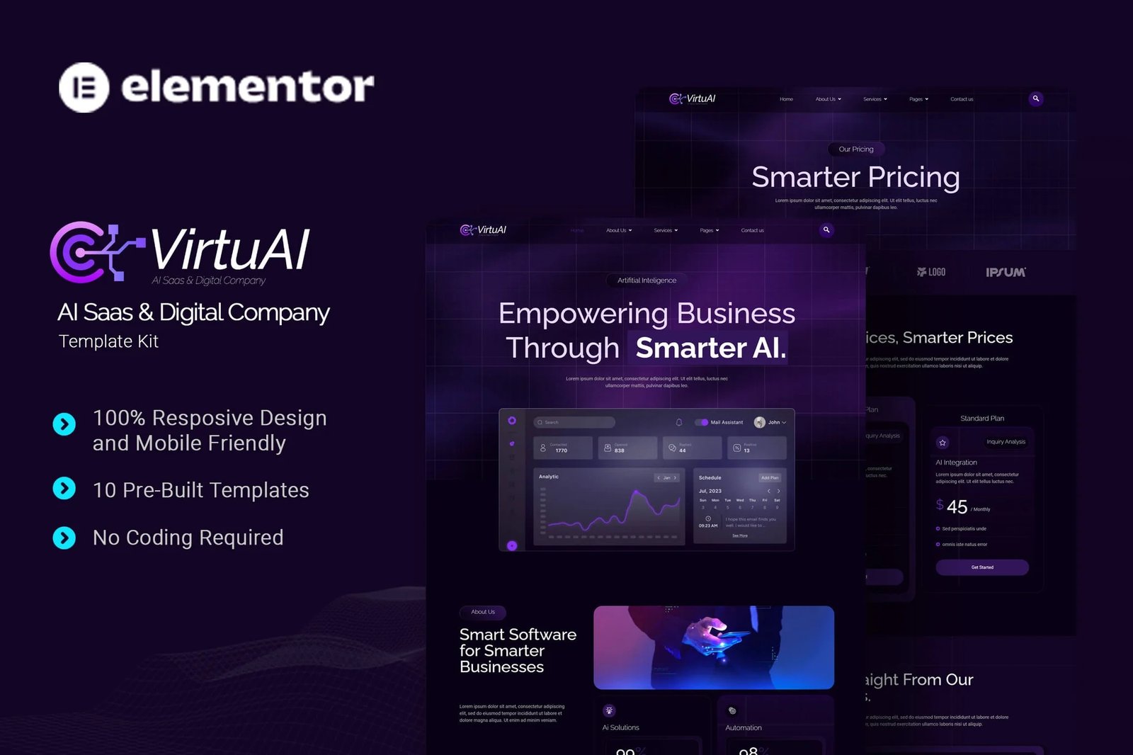 VirtuAI - Kit de plantillas Elementor para Saas y empresas digitales con IA