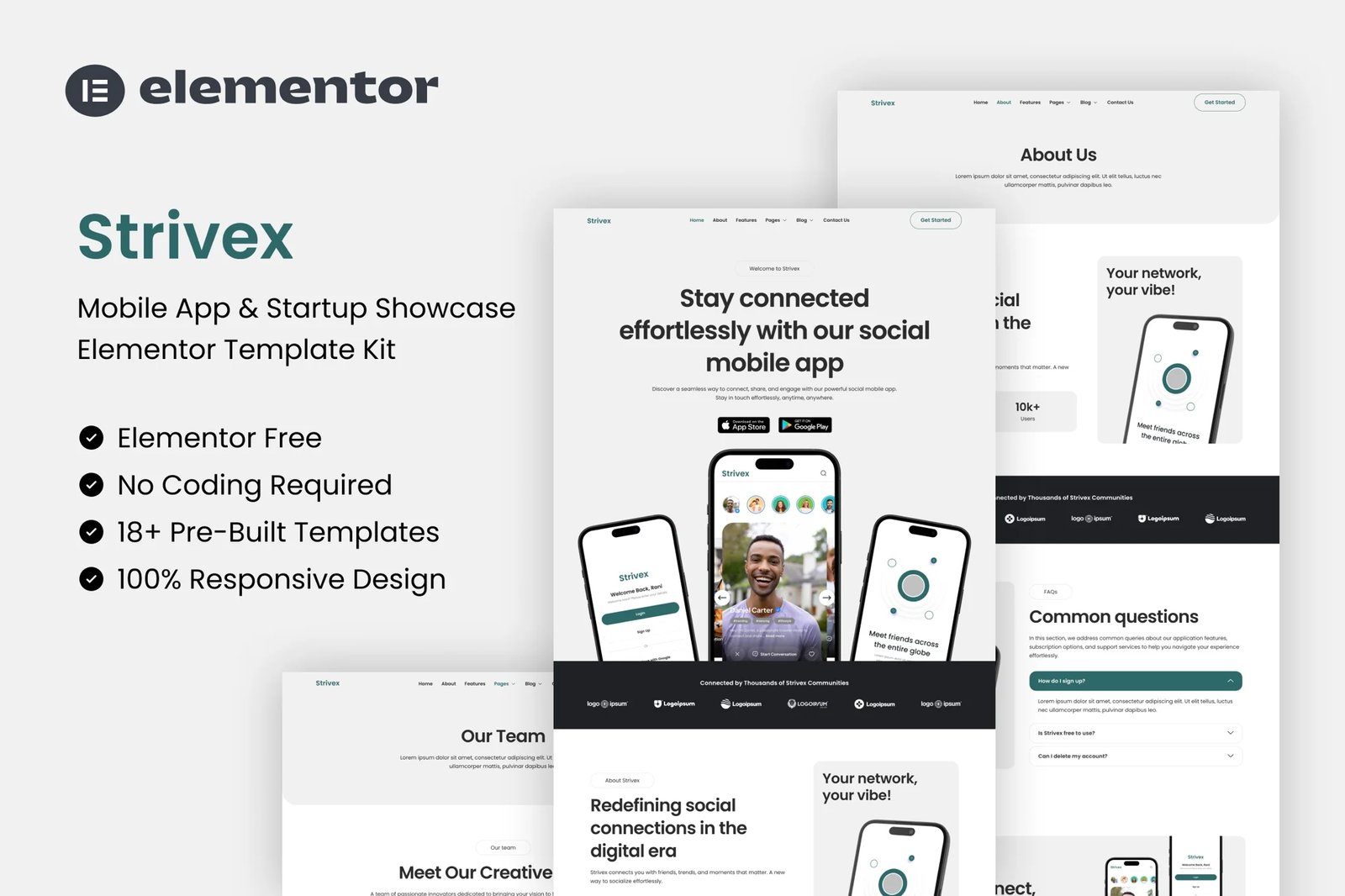 Strivex - Kit de Plantillas Elementor para Presentaciones de Aplicaciones Móviles y Startups