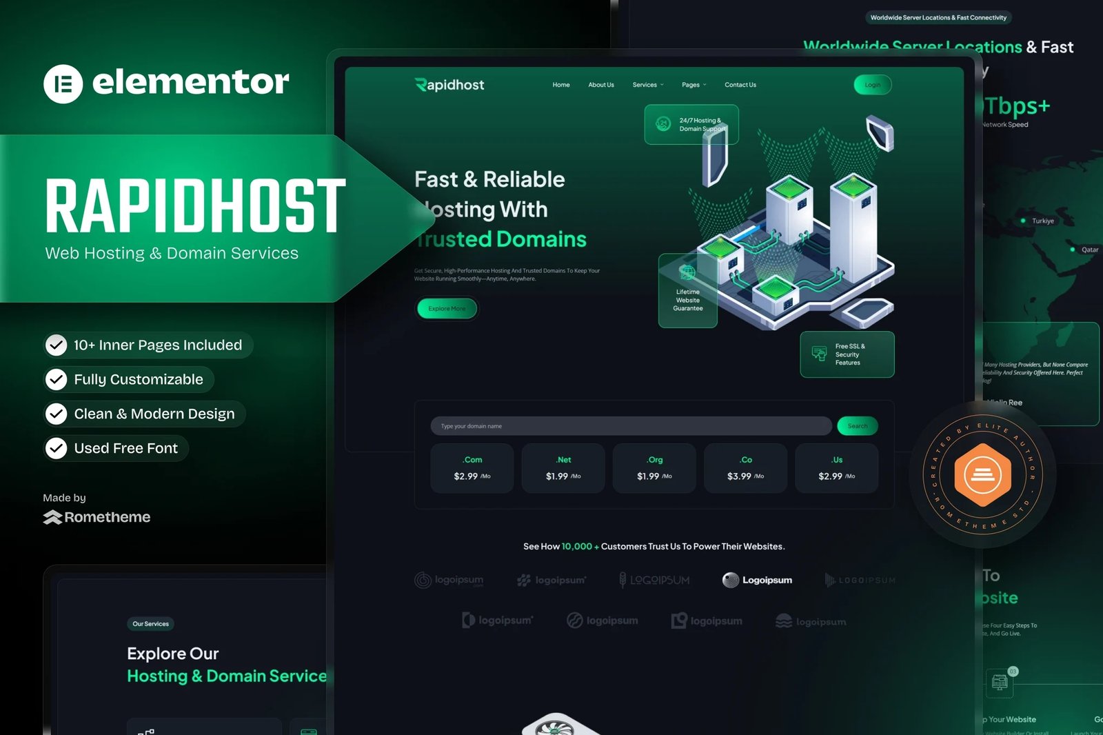 Rapidhost - Kit de plantillas Elementor de alojamiento web y servicios de dominio