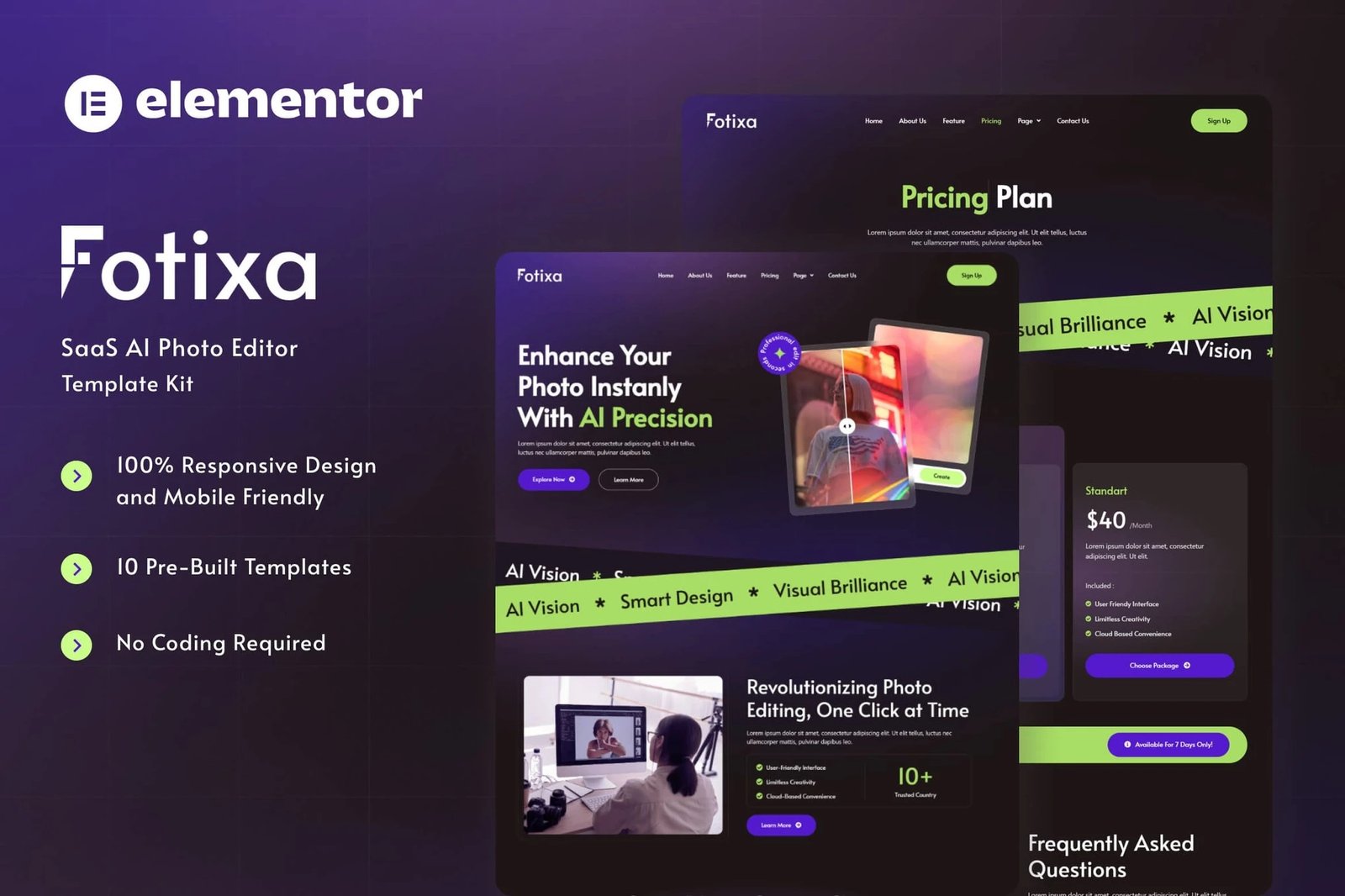 Fotixa - Kit de plantillas Elementor para el sitio web de la aplicación fotográfica SaaS AI