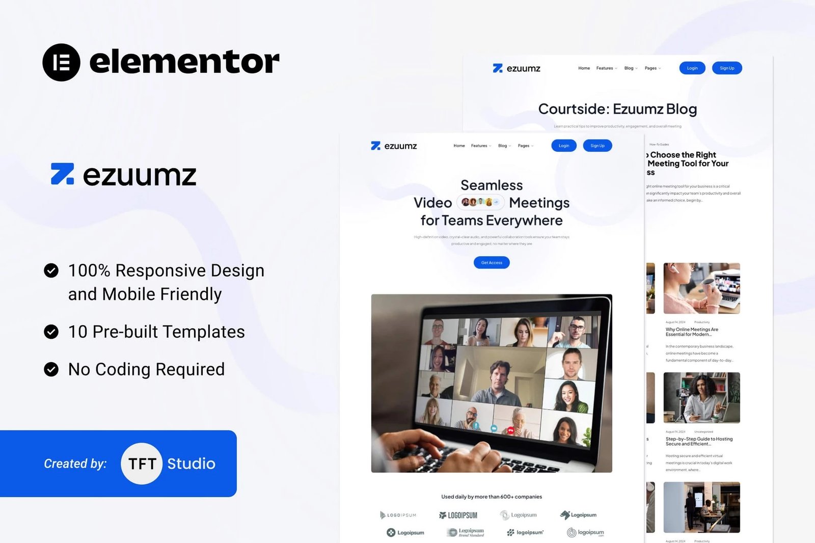 Ezuumz - Kit de Plantillas Elementor para Aplicaciones de Videoconferencias y Webinars