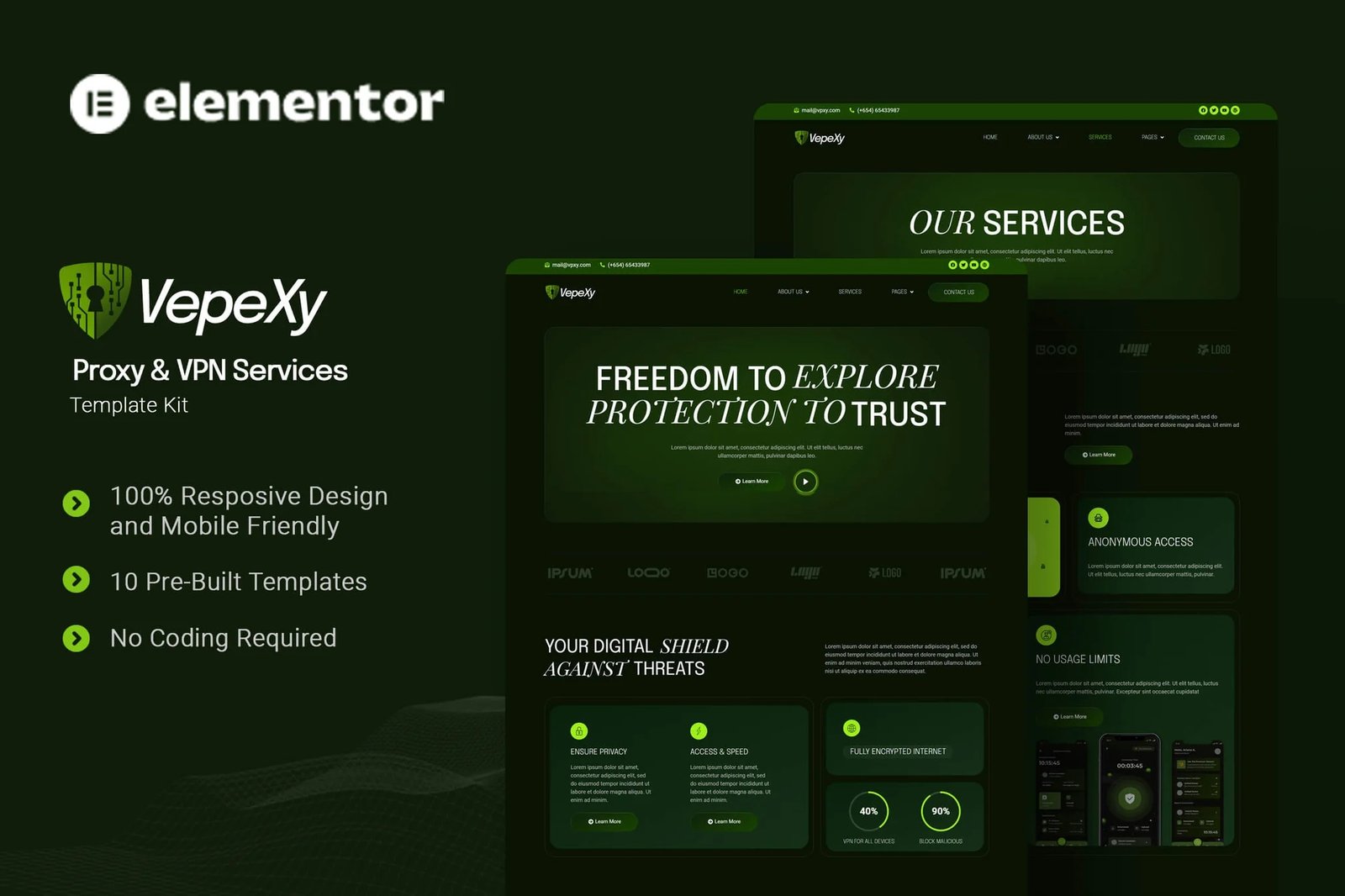 Vepexy - Kit de plantillas Elementor para servicios de proxy y VPN