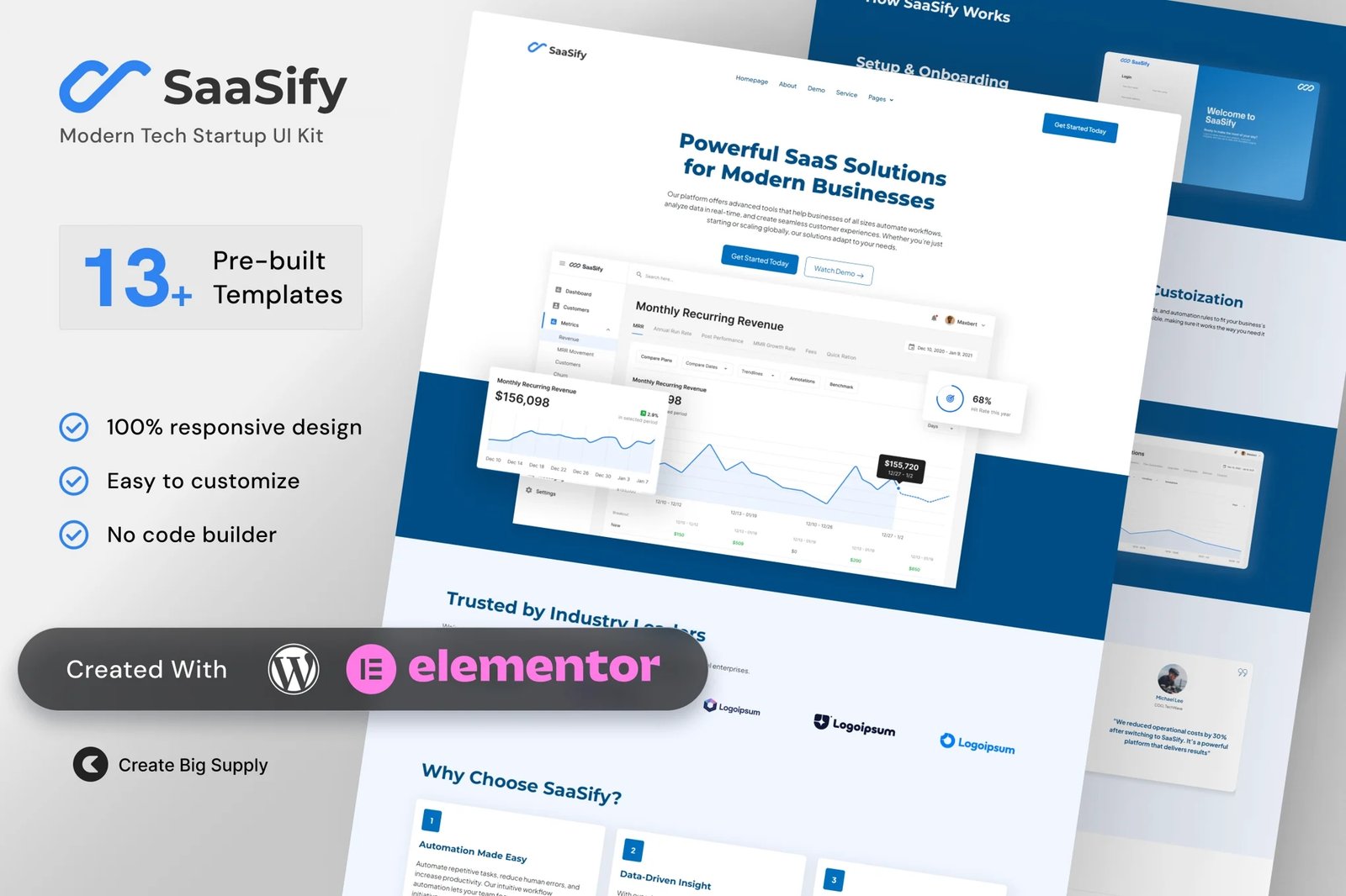 SaAsify - Kit de Plantillas Elementor para Startups Tecnológicas Modernas
